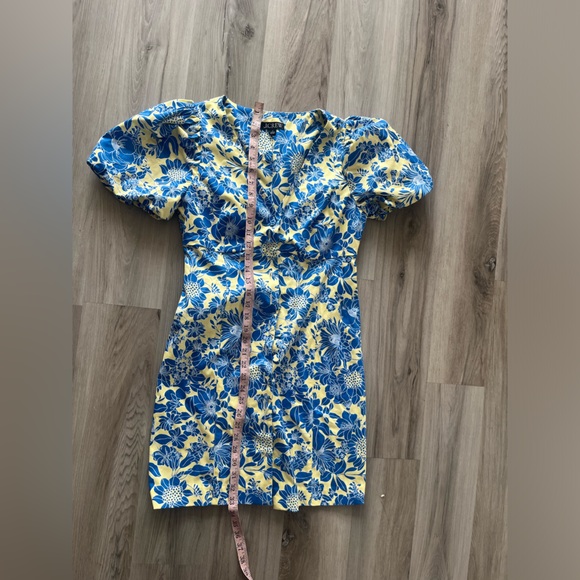 J. Crew 4 Blue Yellow Puff Sleeve Button Up Mini Dress - Picture 5 of 7